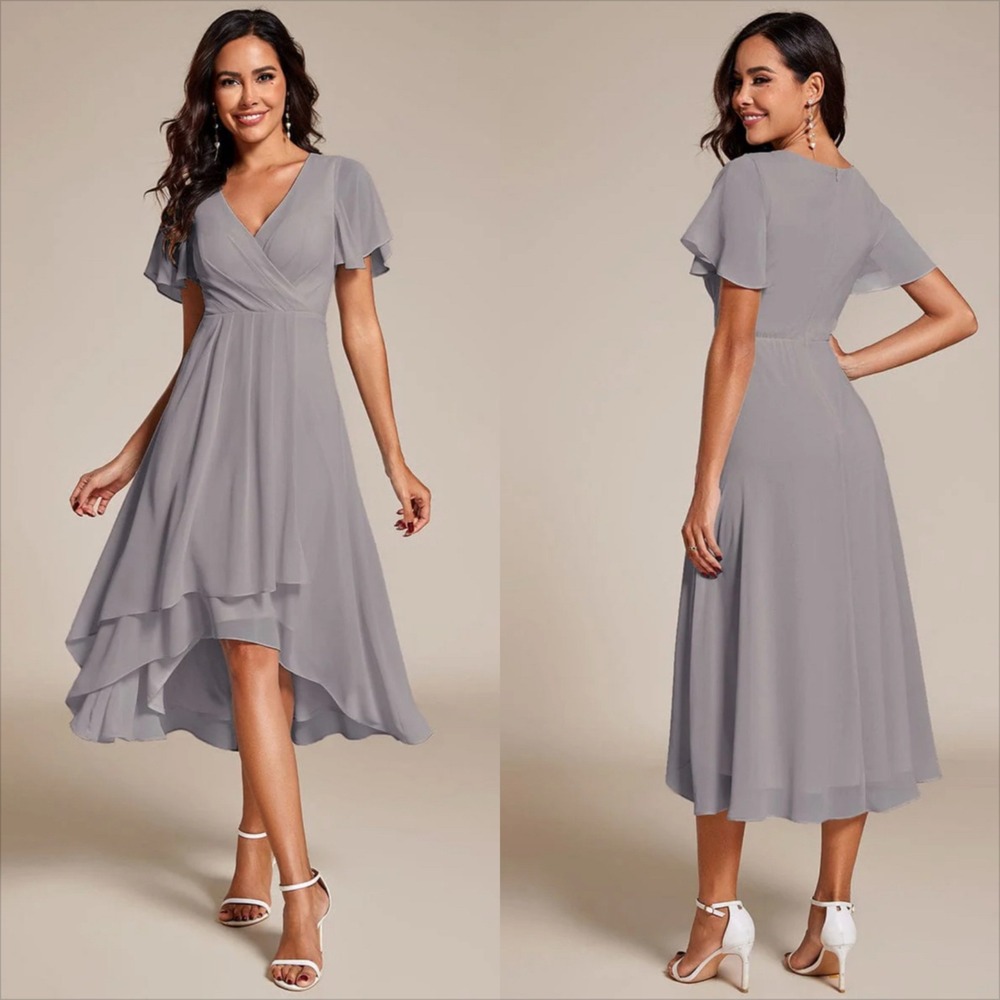EVER PRETTY Women's Grey Chiffon Flutter Sleeve High Low Hem Dress Size 14